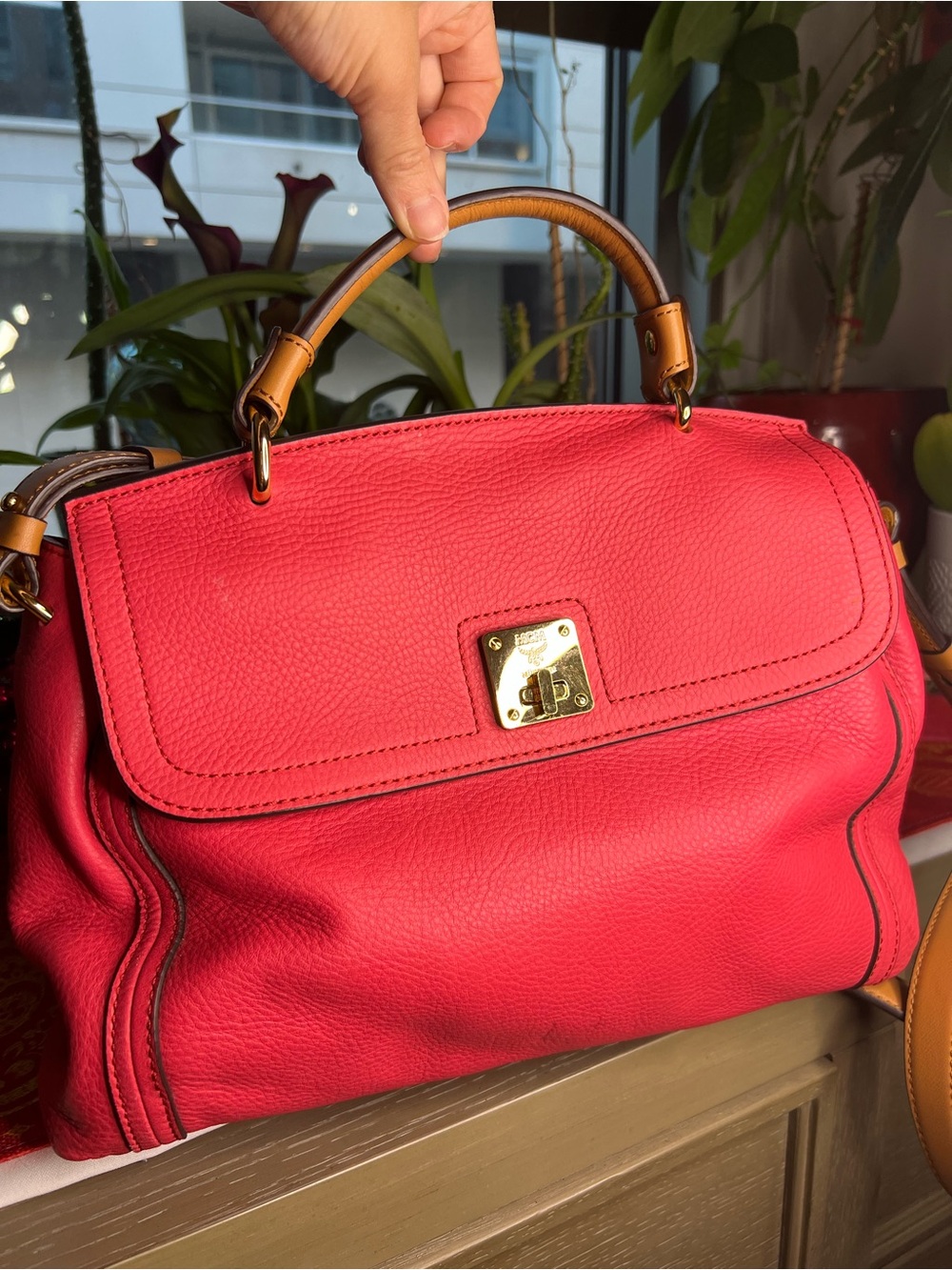 MCM Coral Pink Pebbled Leather Turn-Lock Top Handle Satchel Crossbody